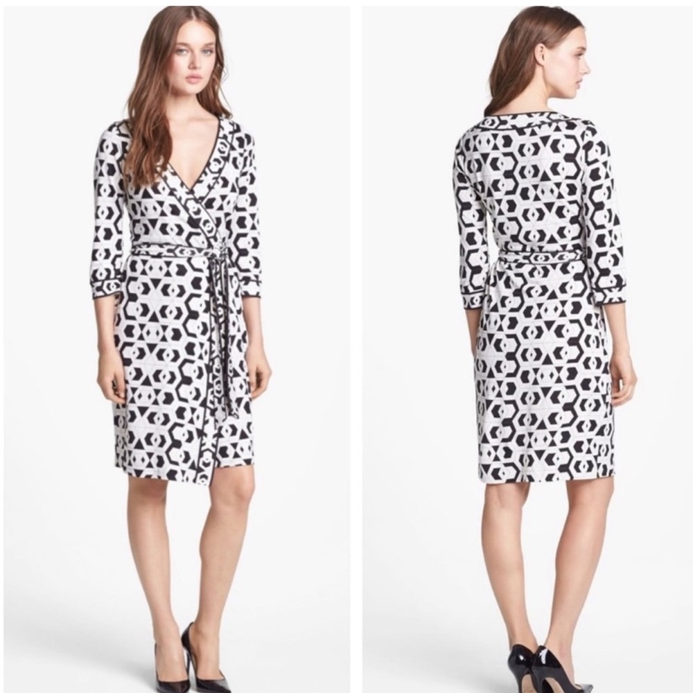 Diane von Furstenberg Banded Julian Hex Maze Silk Wrap Dress Black Ivory Size 14